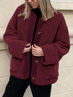 Contrast Button Up Sherpa Jacket with Pockets - Delanoir