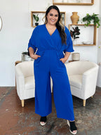 Double Take Full Size Surplice Wide Leg Jumpsuit with Pockets - Delanoir