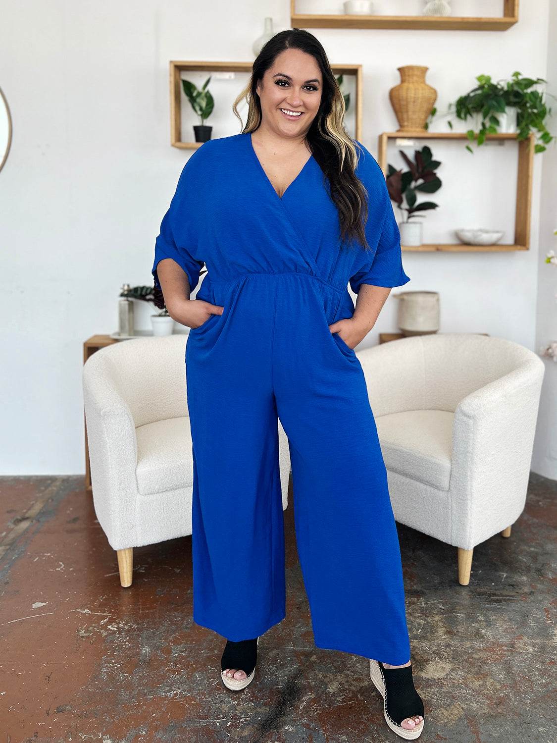 Double Take Full Size Surplice Wide Leg Jumpsuit with Pockets - Delanoir