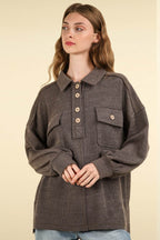 VERY J Collared Half Button Knit Top with Pockets - Delanoir