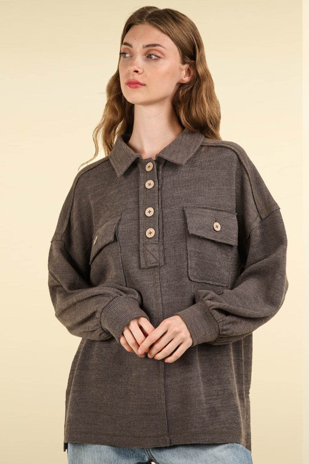 VERY J Collared Half Button Knit Top with Pockets - Delanoir