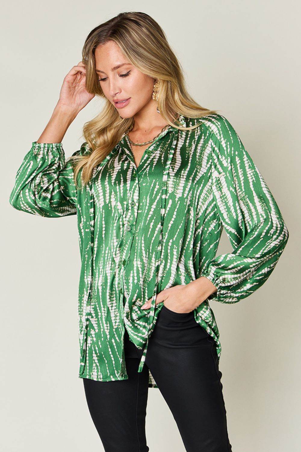 Double Take Full Size Printed Button Up Long Sleeve Shirt - Delanoir