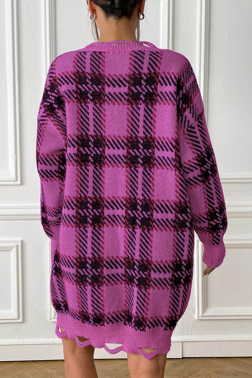 Plaid V-Neck Long Sleeve Sweater Dress - Delanoir