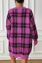 Plaid V-Neck Long Sleeve Sweater Dress - Delanoir