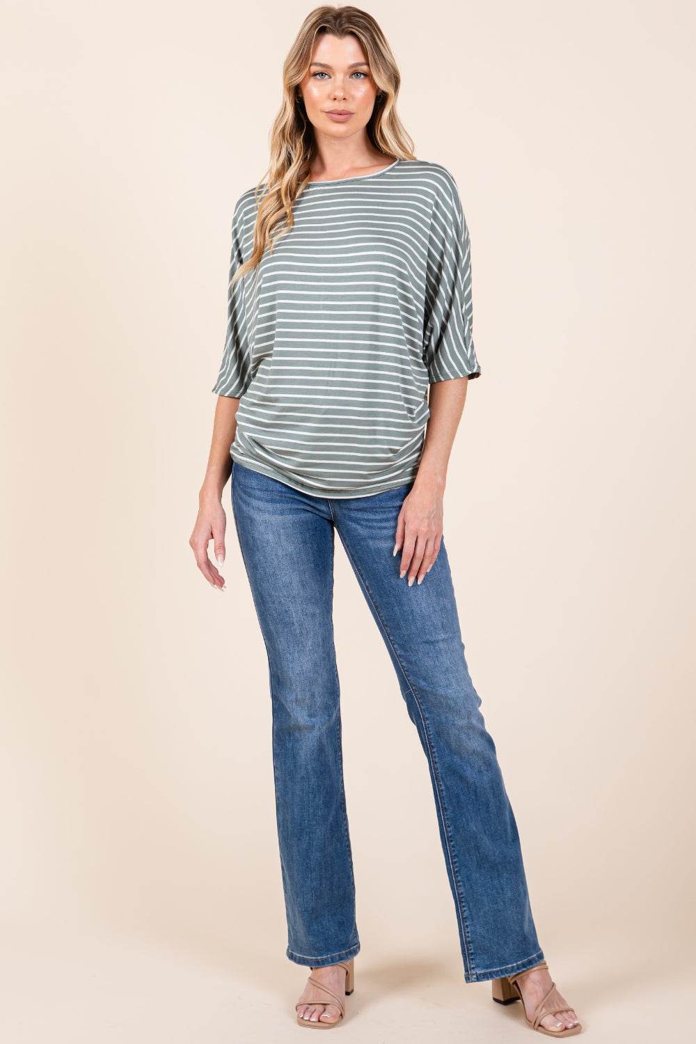 BOMBOM Striped Boat Neck Dolman Sleeve Top - Delanoir