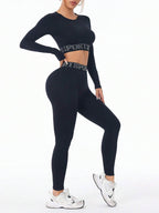 Letter Print Round Neck Long Sleeve Top and Leggings Active Set - Delanoir