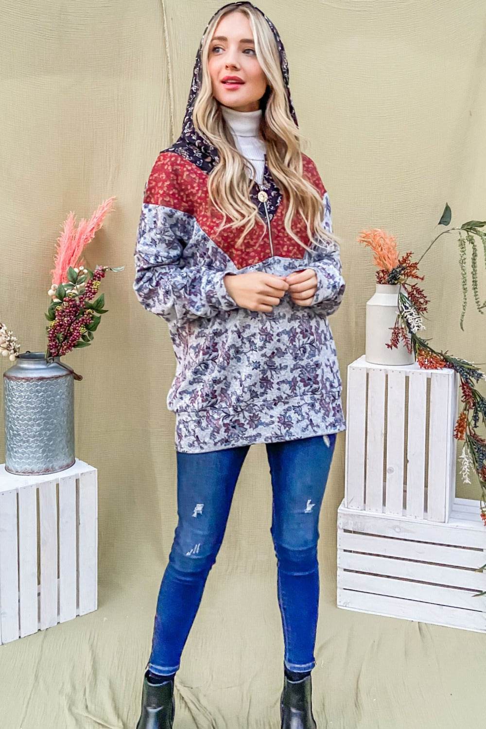 And The Why Printed Half Zip Up Long Sleeve Hoodie - Delanoir