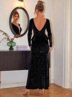 Ruffled Plunge Long Sleeve Dress - Delanoir