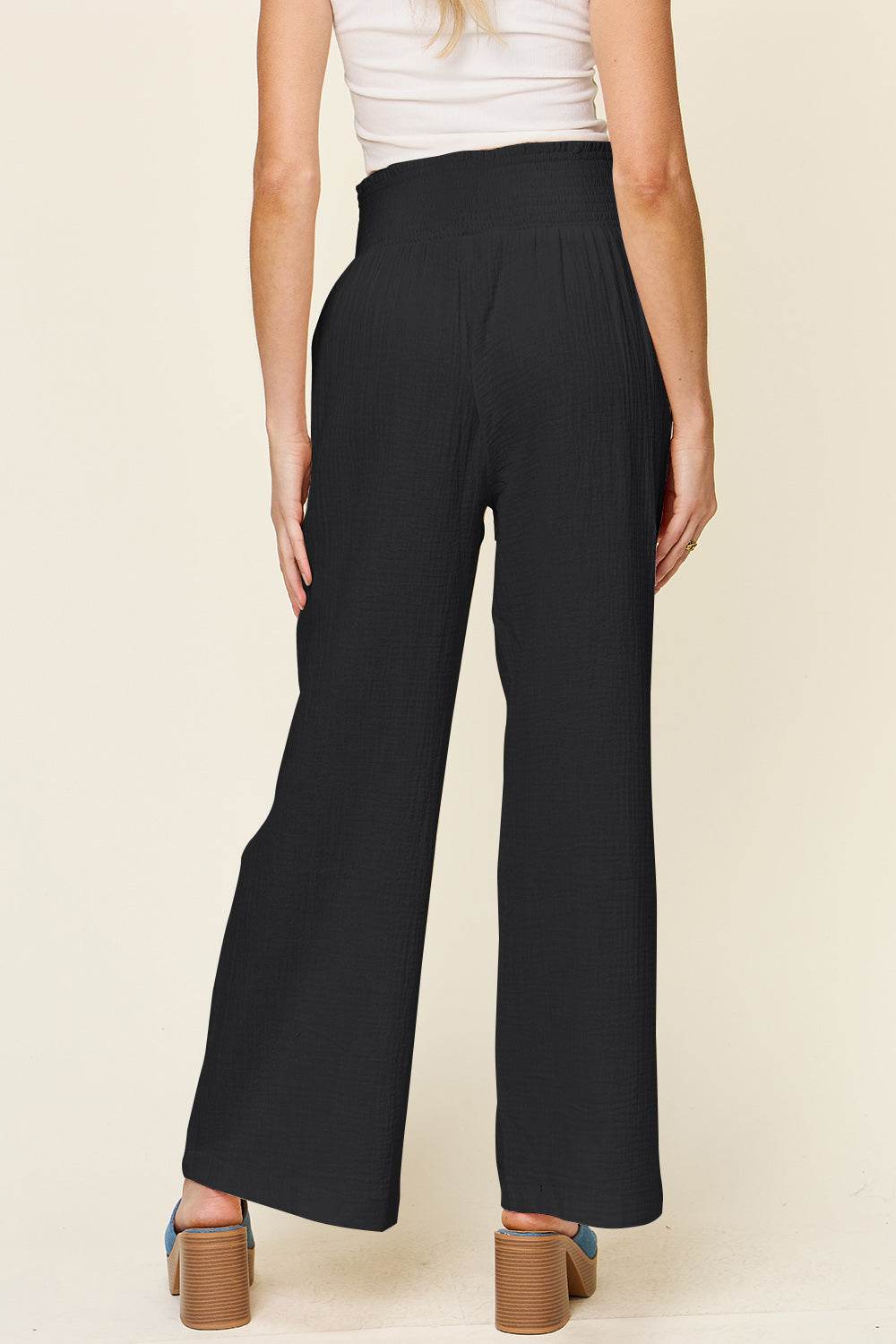 Double Take Full Size Texture Smocked Waist Wide Leg Pants - Delanoir