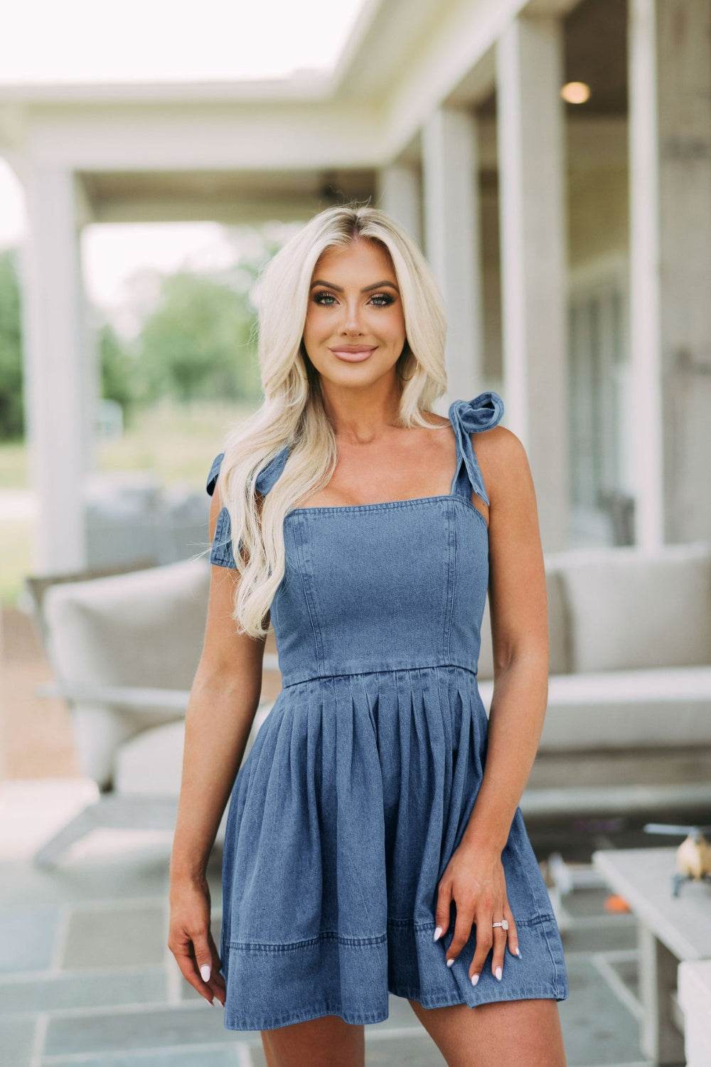Square Neck Tie Shoulder Denim Dress - Delanoir