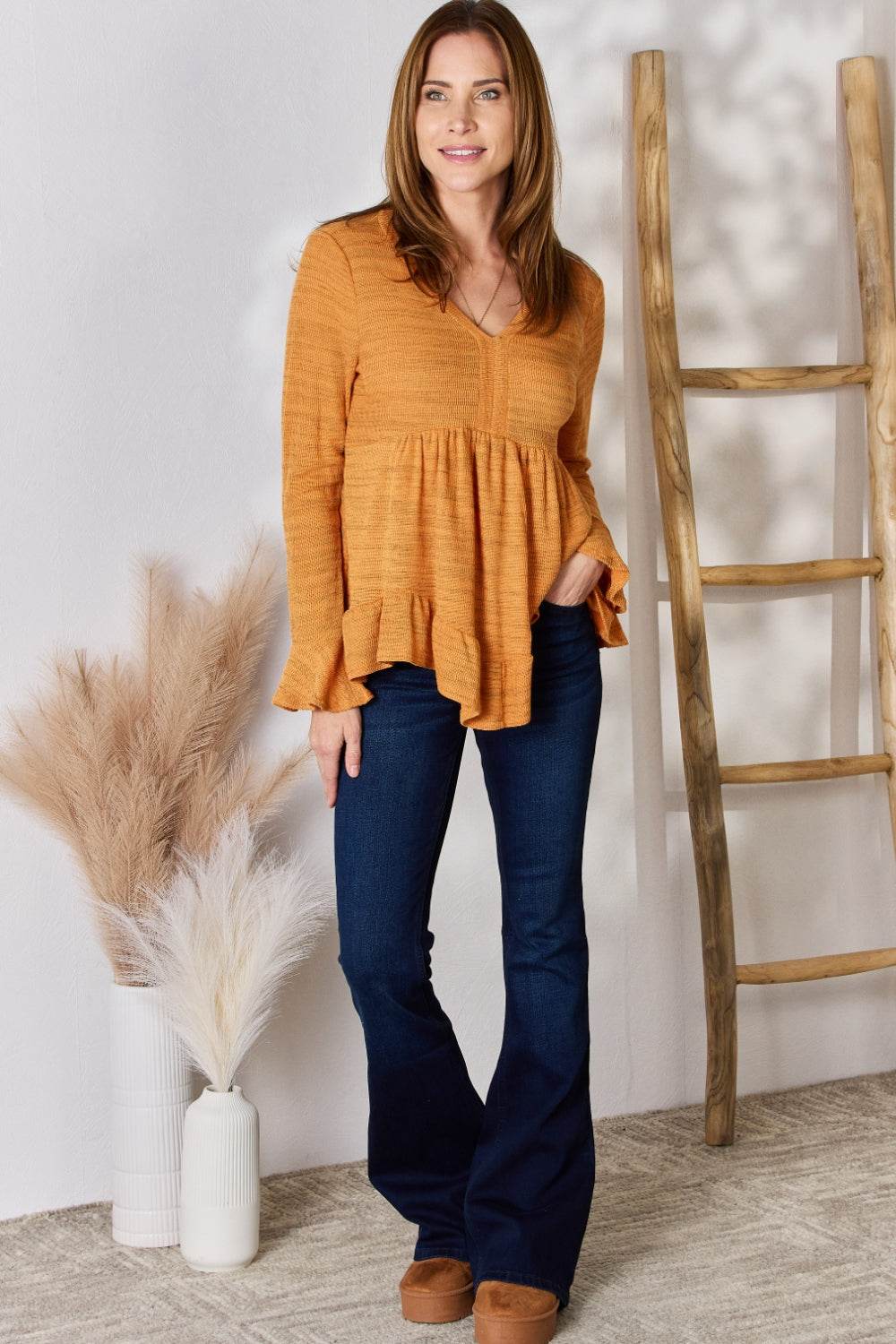 Hailey & Co Full Size V-Neck Flounce Sleeve Blouse - Delanoir