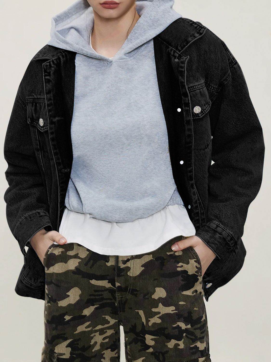 Button Up Collared Neck Long Sleeve Denim Jacket - Delanoir
