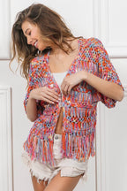 BiBi Open Front Fringed Crop Knit Cardigan - Delanoir