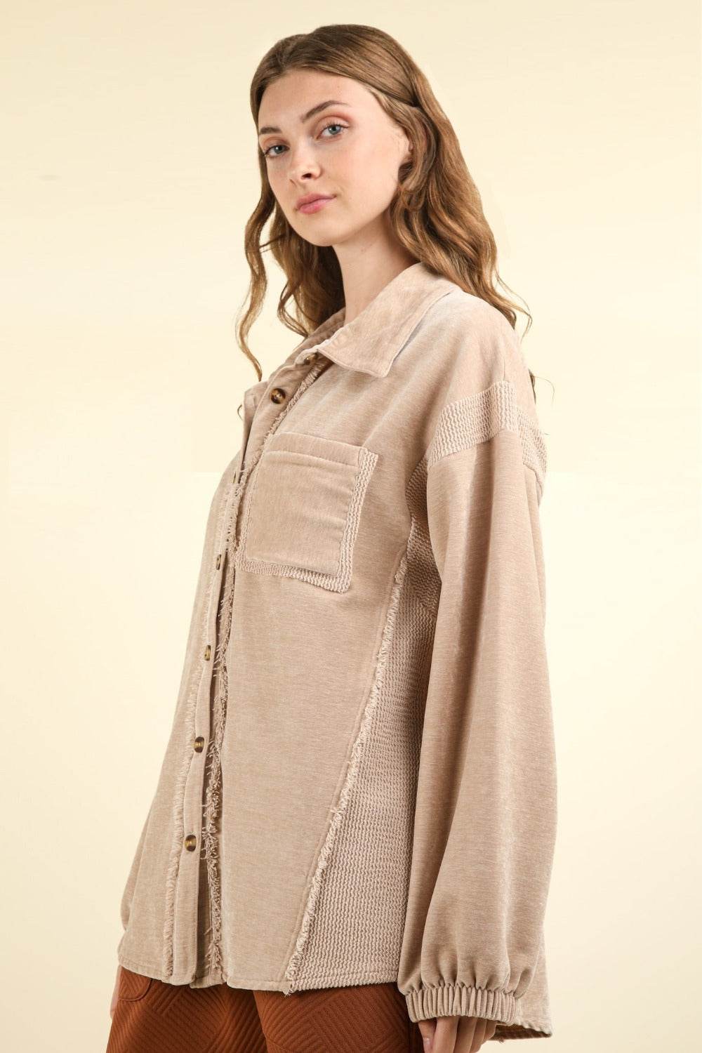 VERY J Mixed Media Button Down Raw Hem Shacket - Delanoir