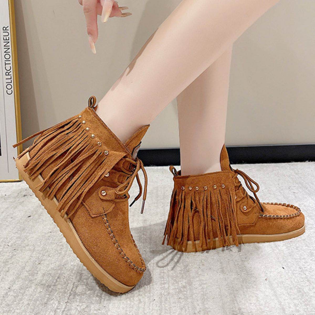 Fringe Studded Round Toe Canvas Boots - Delanoir