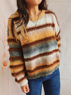 Striped Round Neck Long Sleeve Sweater - Delanoir