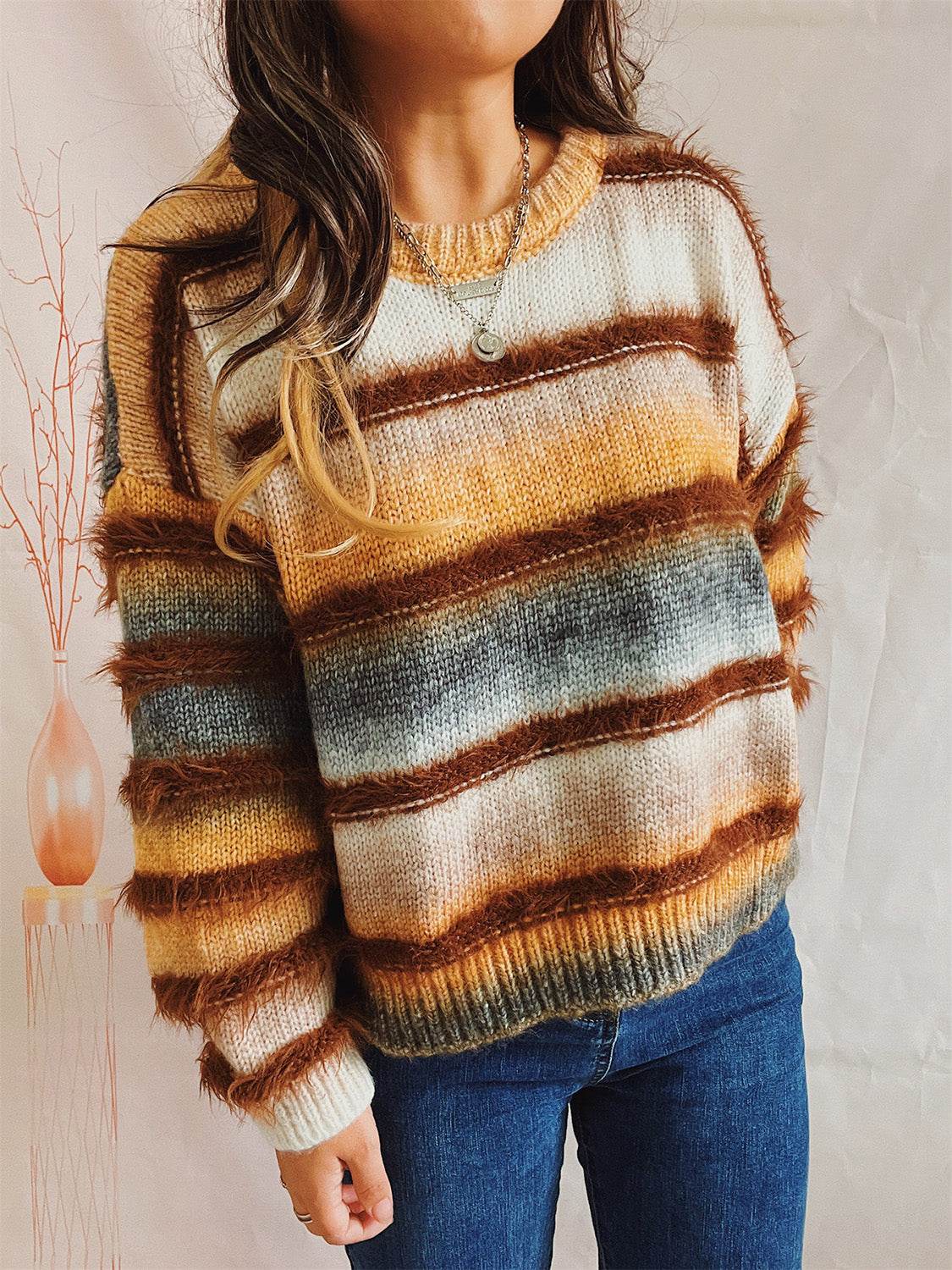 Striped Round Neck Long Sleeve Sweater - Delanoir