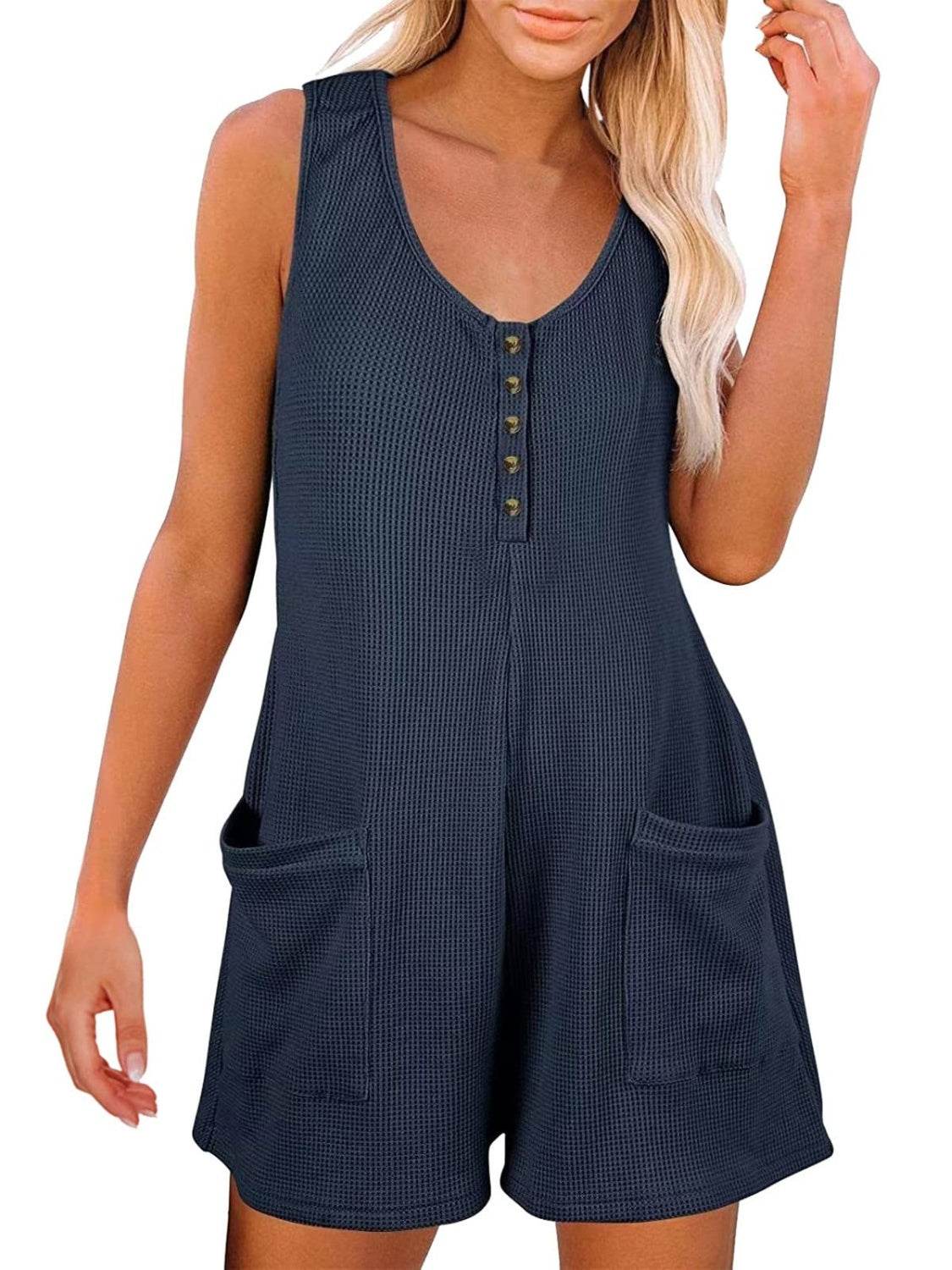 Full Size Pocketed Scoop Neck Sleeveless Romper - Delanoir