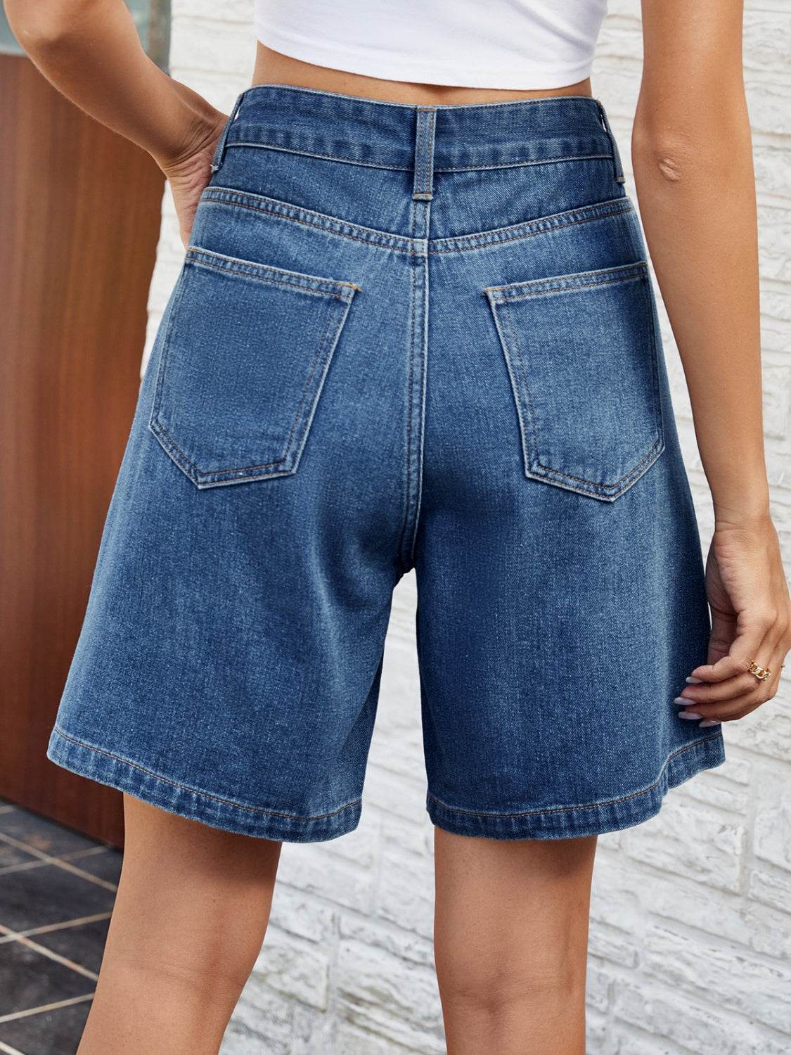 High Waist Denim Shorts with Pockets - Delanoir