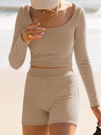 Scoop Neck Long Sleeve Top and Shorts Set - Delanoir