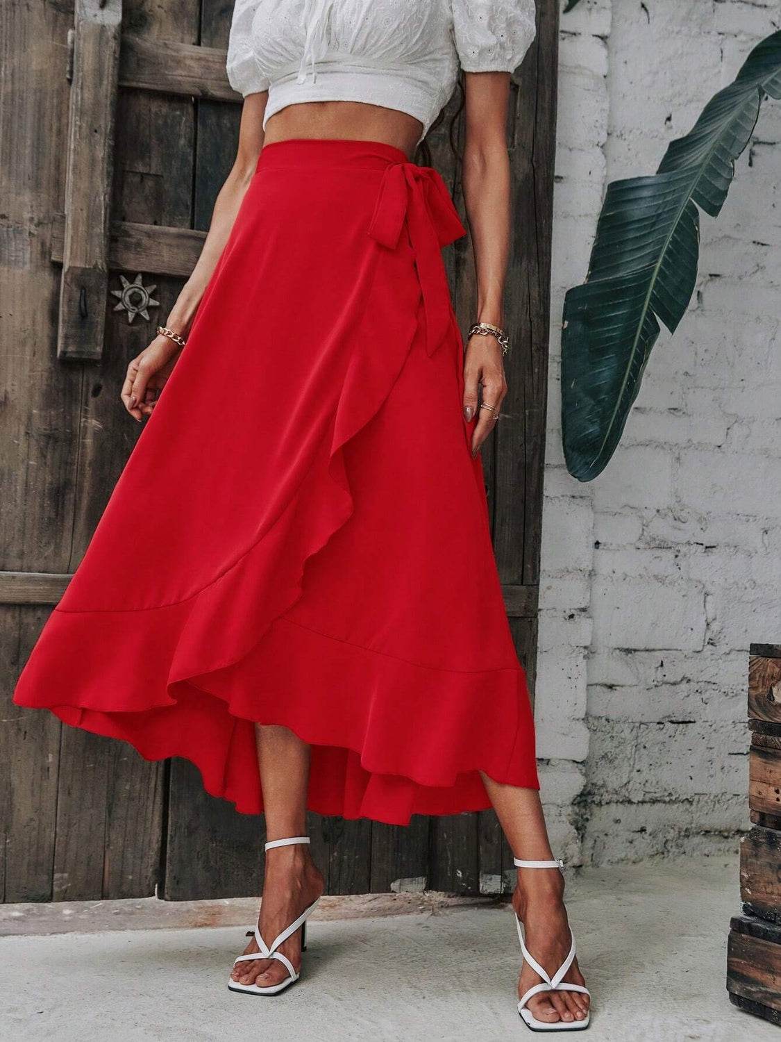 Tied Ruffled Midi Skirt - Delanoir