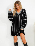 Striped V-Neck Long Sleeve Mini Dress - Delanoir