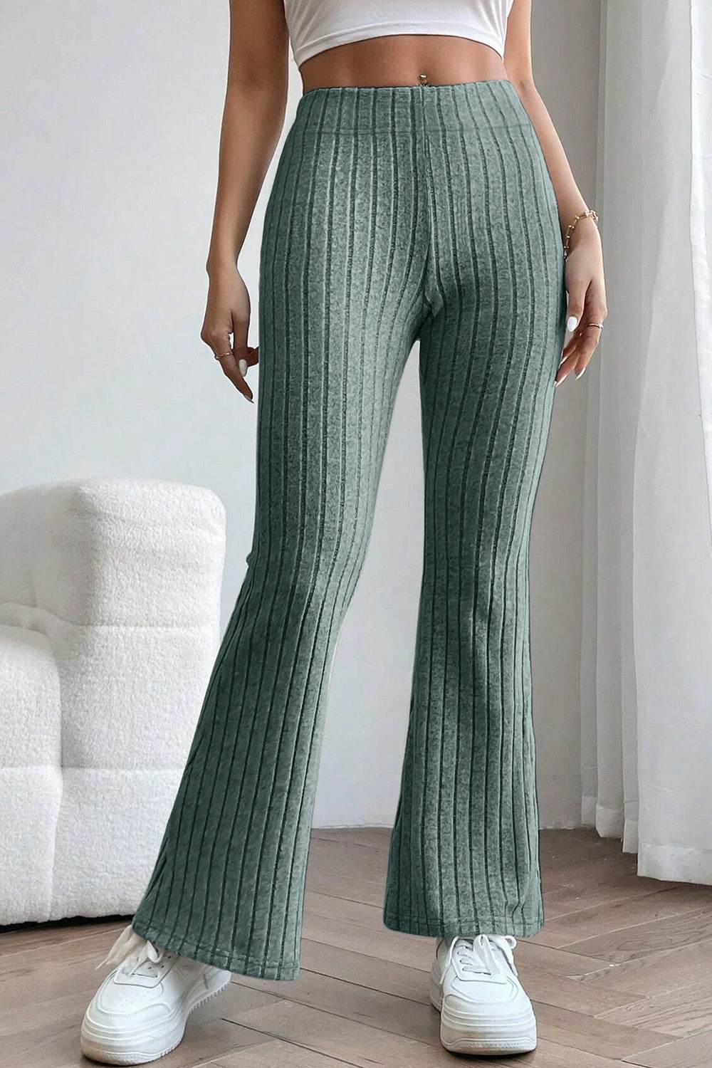Basic Bae Full Size Ribbed High Waist Flare Pants - Delanoir