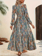 Printed Tie Neck Long Sleeve Maxi Dress - Delanoir