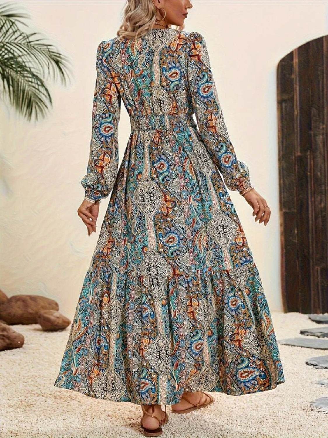 Printed Tie Neck Long Sleeve Maxi Dress - Delanoir