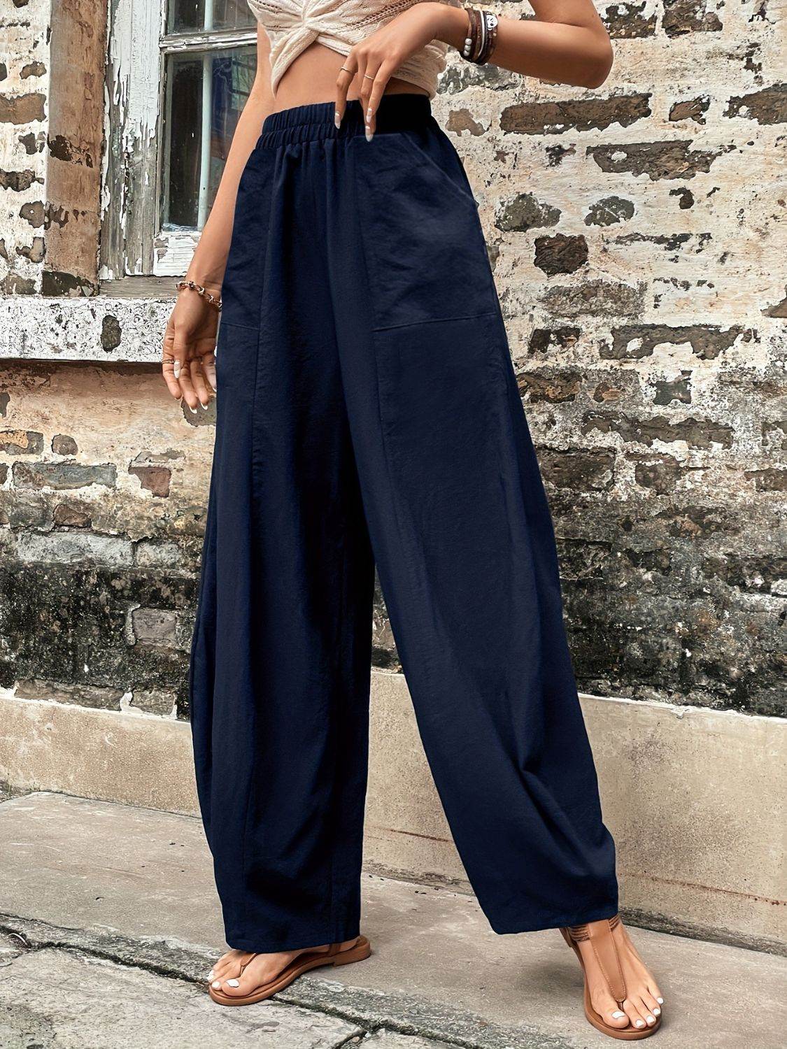 Elastic Waist Pants with Pockets - Delanoir