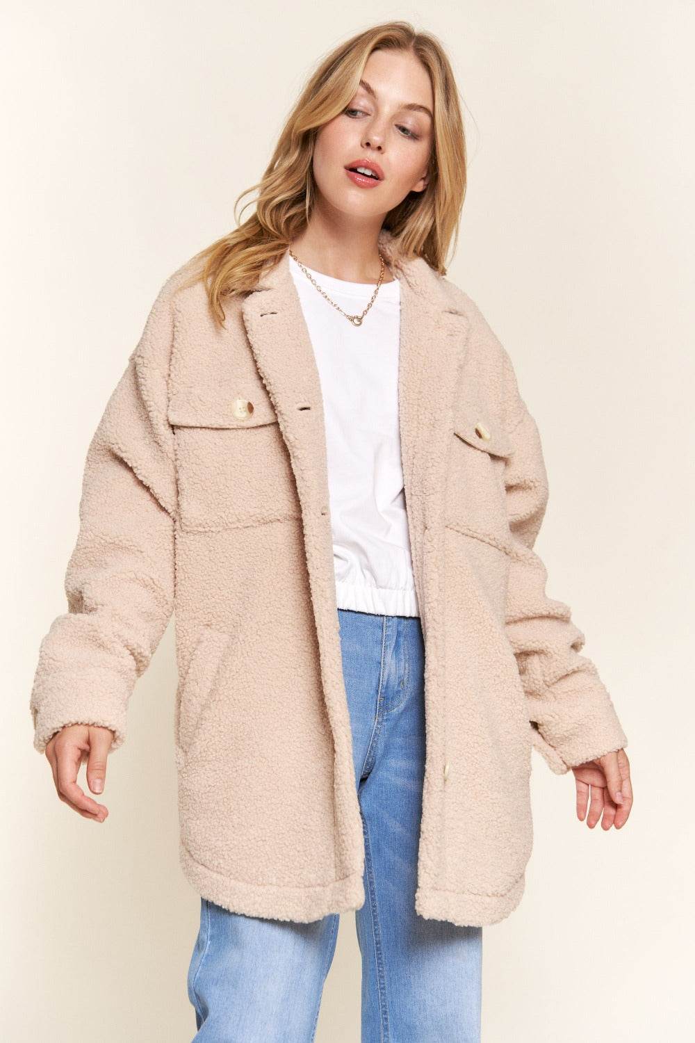 And The Why Teddy Sherpa Button Down Curved Hem Shacket - Delanoir