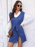 Tie Front V-Neck Sleeveless Slit Sweater Dress - Delanoir