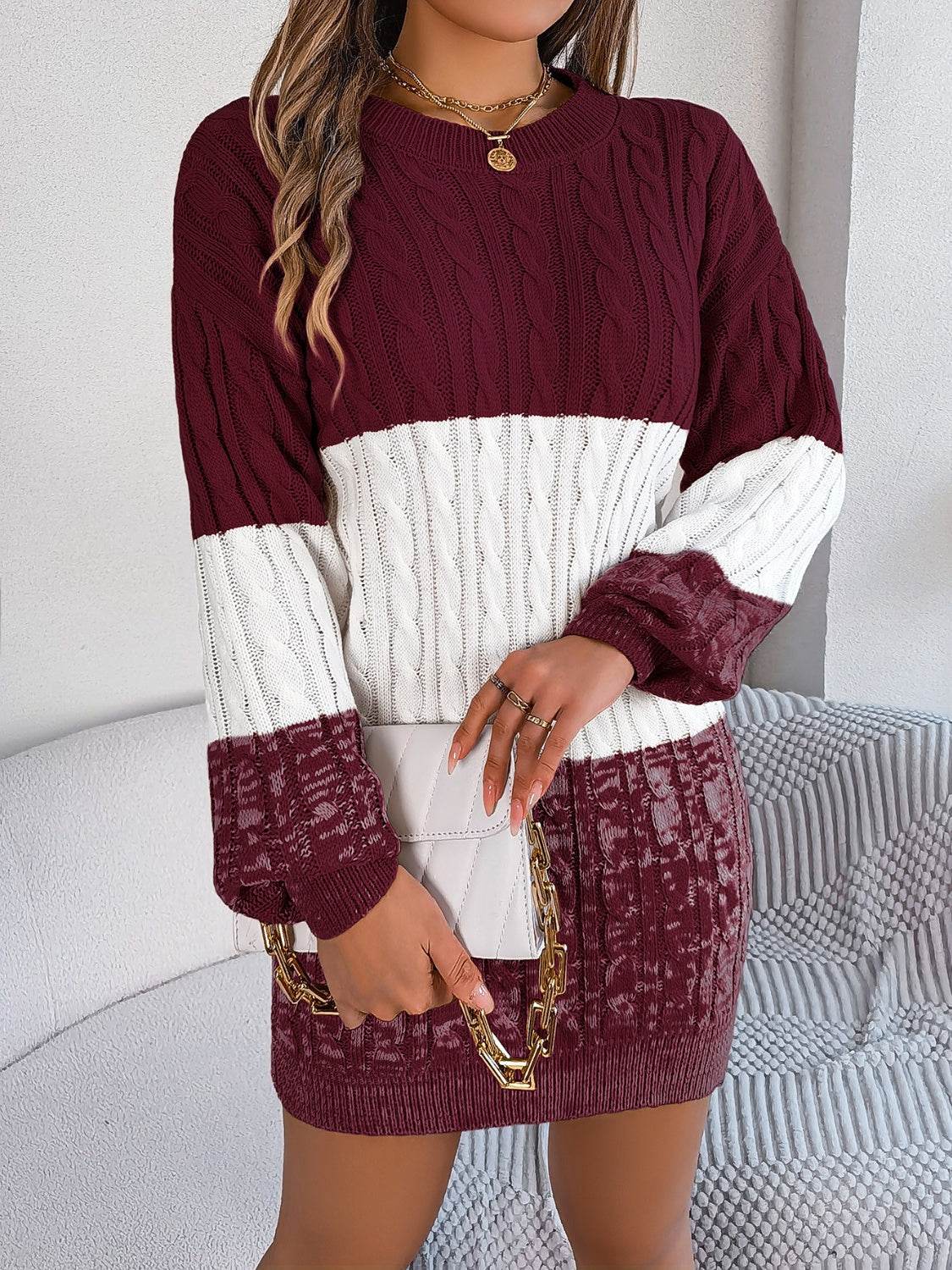 Cable-Knit Round Neck Color Block Sweater Dress - Delanoir