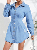 Distressed Button Up Long Sleeve Denim Dress - Delanoir