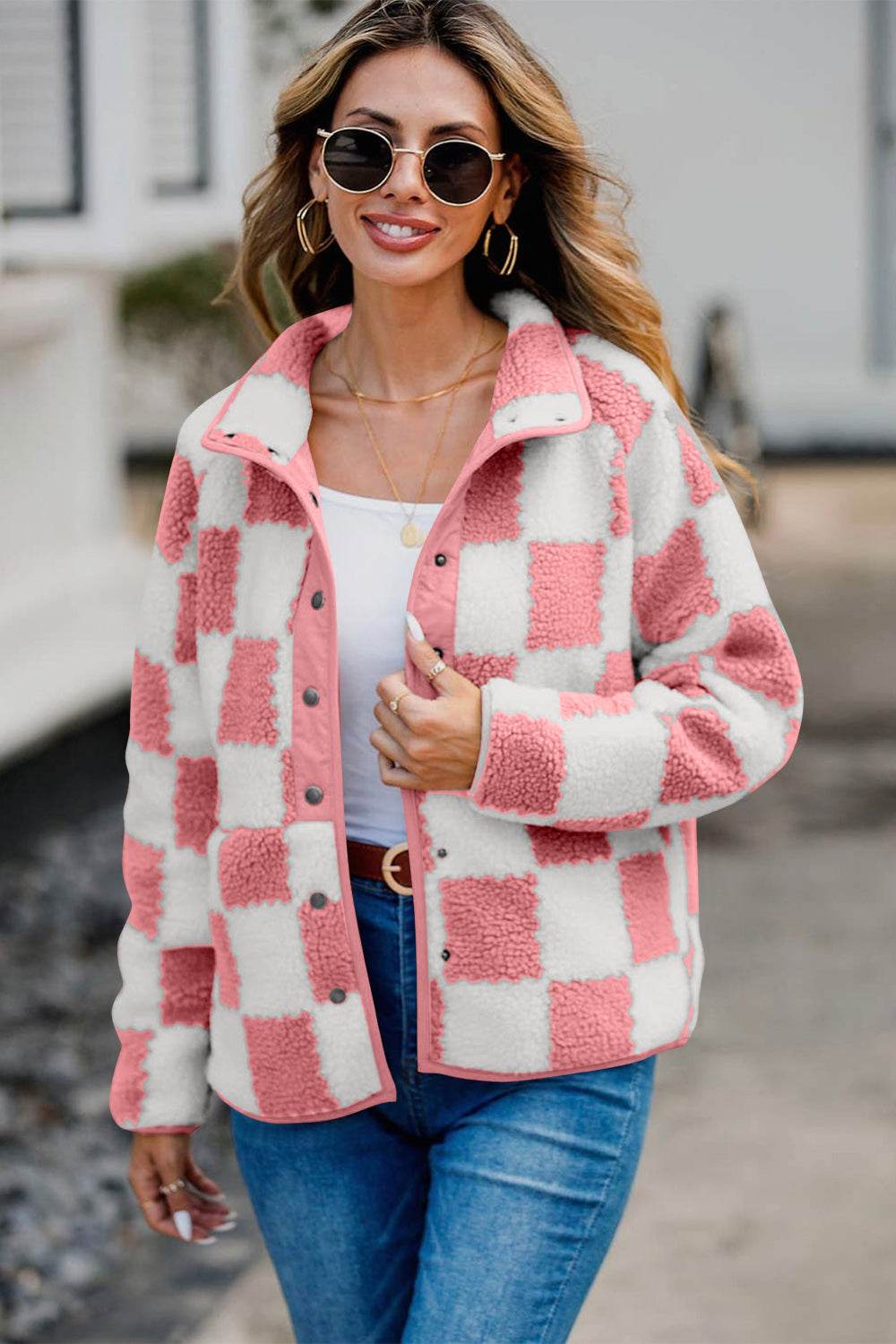 Checkered Snap Down Long Sleeve Teddy Jacket - Delanoir