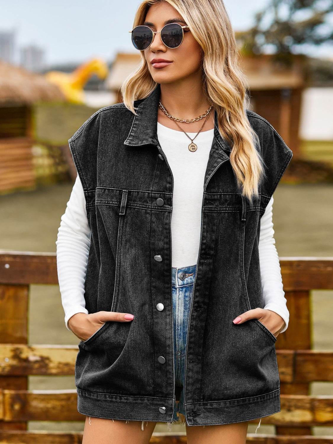 Button Up Collared Neck Sleeveless Denim Jacket - Delanoir