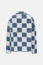 Checkered Snap Down Long Sleeve Teddy Jacket - Delanoir