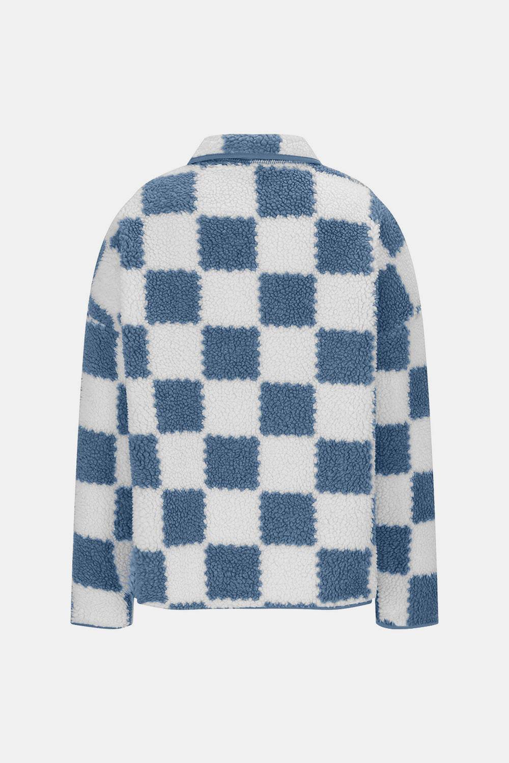 Checkered Snap Down Long Sleeve Teddy Jacket - Delanoir