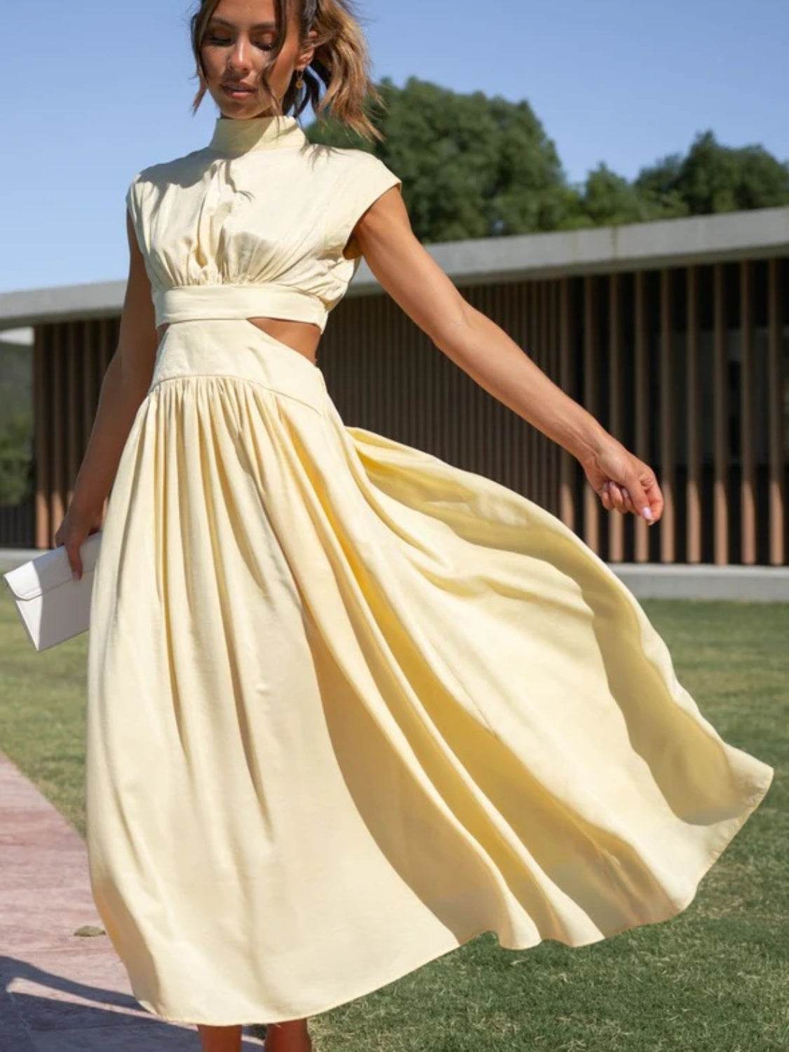Cutout Mock Neck Sleeveless Ruched Dress - Delanoir