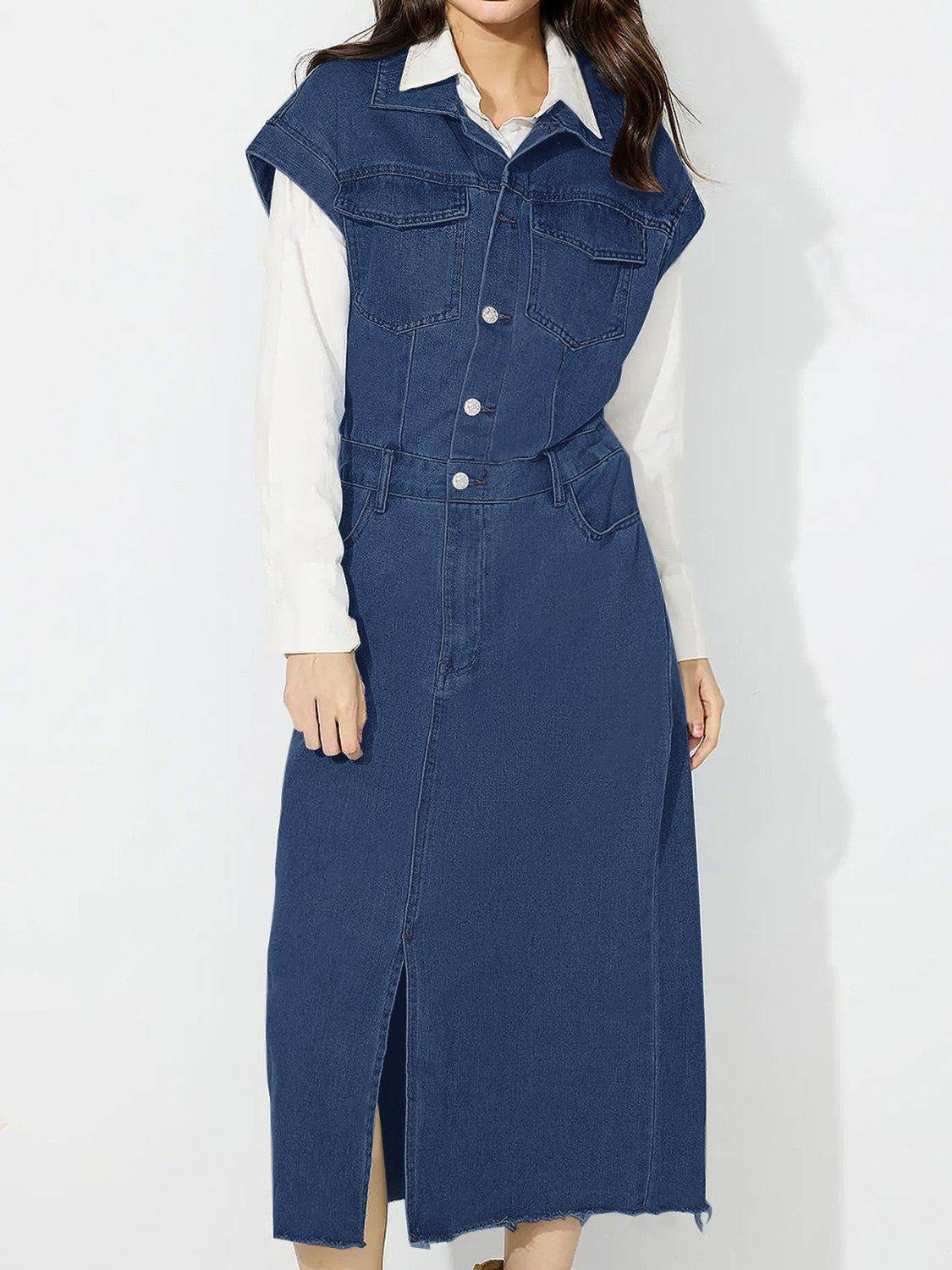 Slit Half Button Collared Neck Cap Sleeve Denim Dress - Delanoir