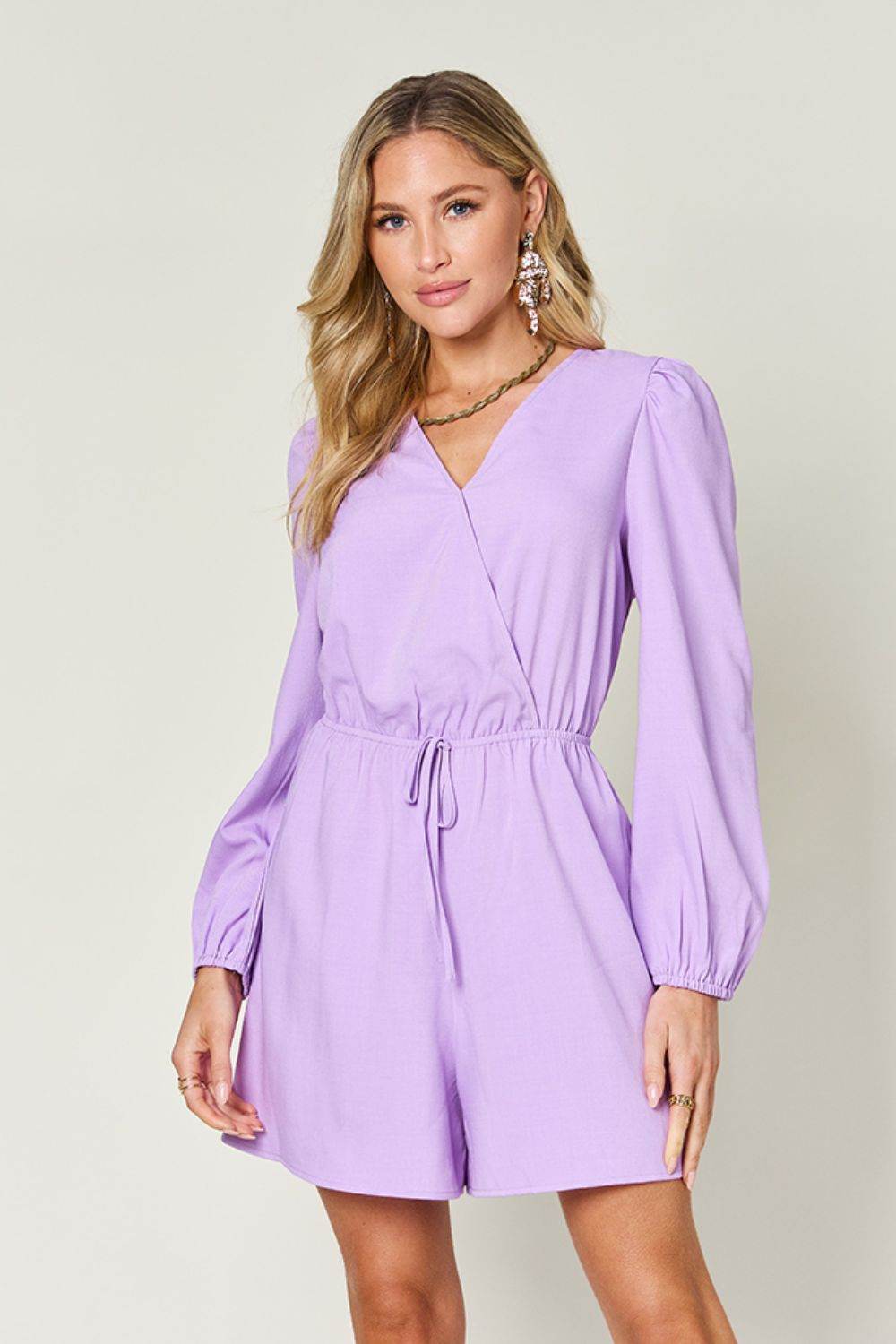 Double Take Full Size Drawstring Long Sleeve Romper - Delanoir