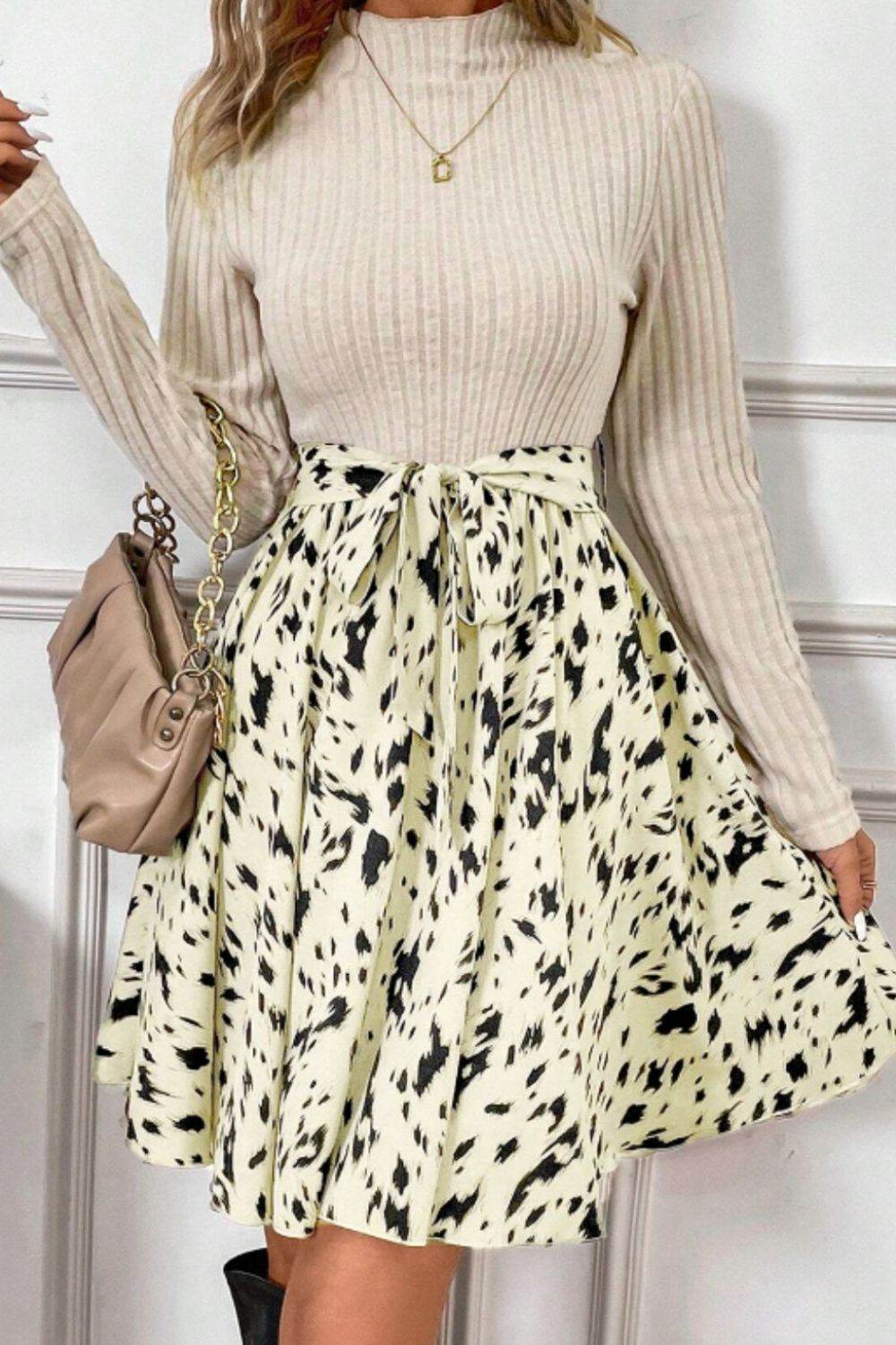 Printed Tie Waist Mock Neck Long Sleeve Dress - Delanoir
