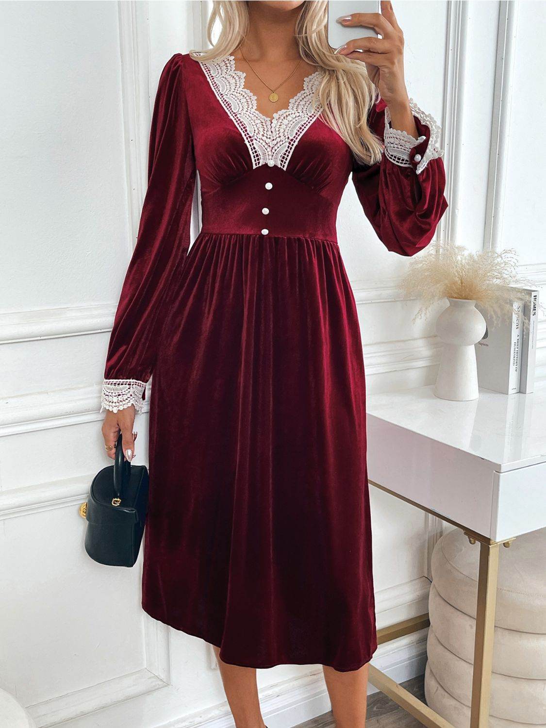 Perfee Lace Detail V-Neck Long Sleeve Midi Dress - Delanoir