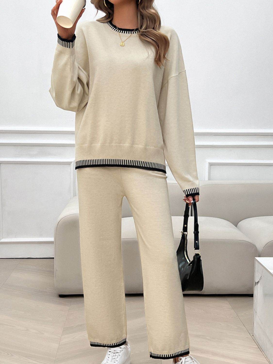 Devine Round Neck Dropped Shoulder Top and Pants Sweater Set - Delanoir