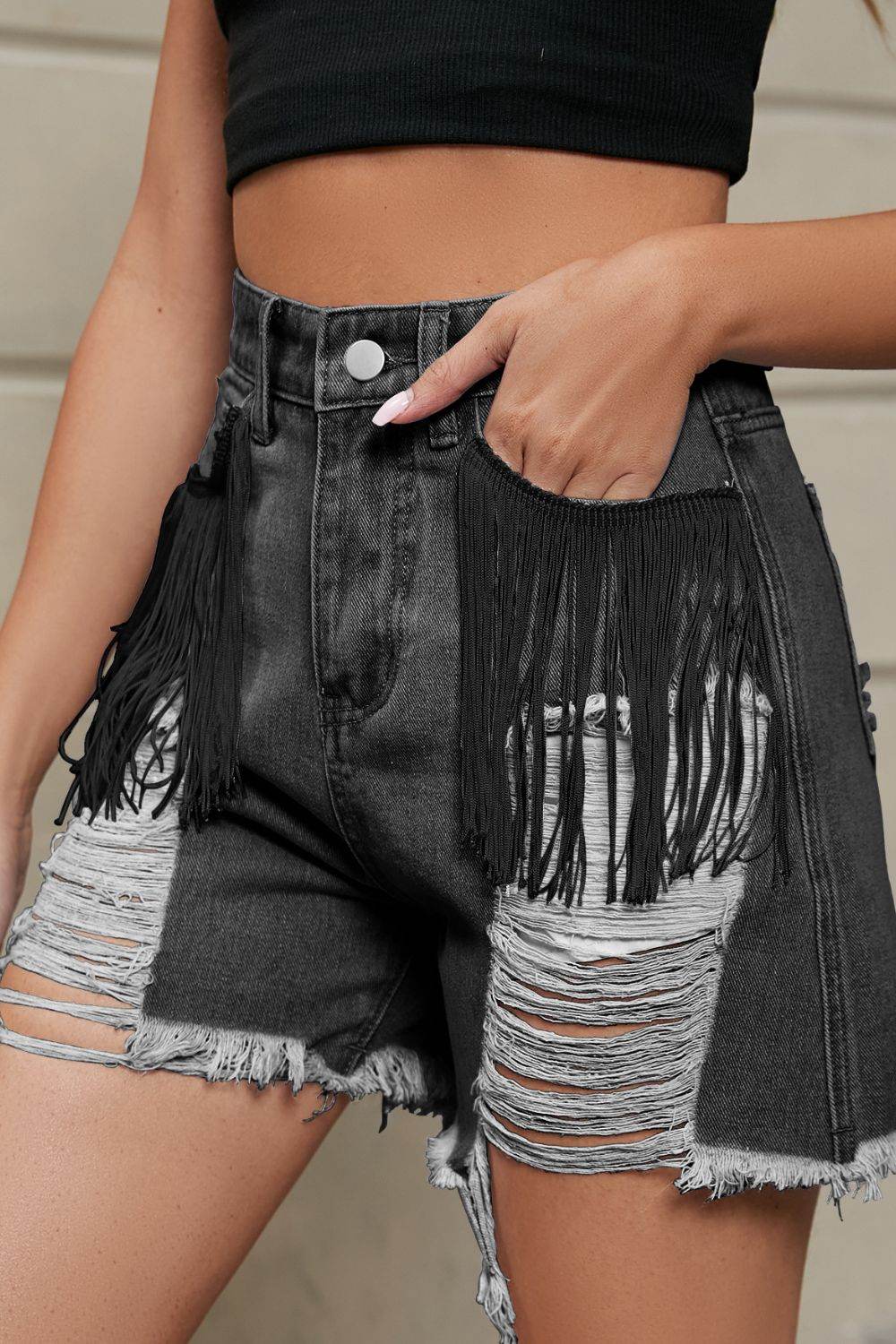 Fringe Trim Distressed Denim Shorts with Pockets - Delanoir