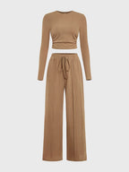 Round Neck Long Sleeve Top and Tied Pants Set - Delanoir
