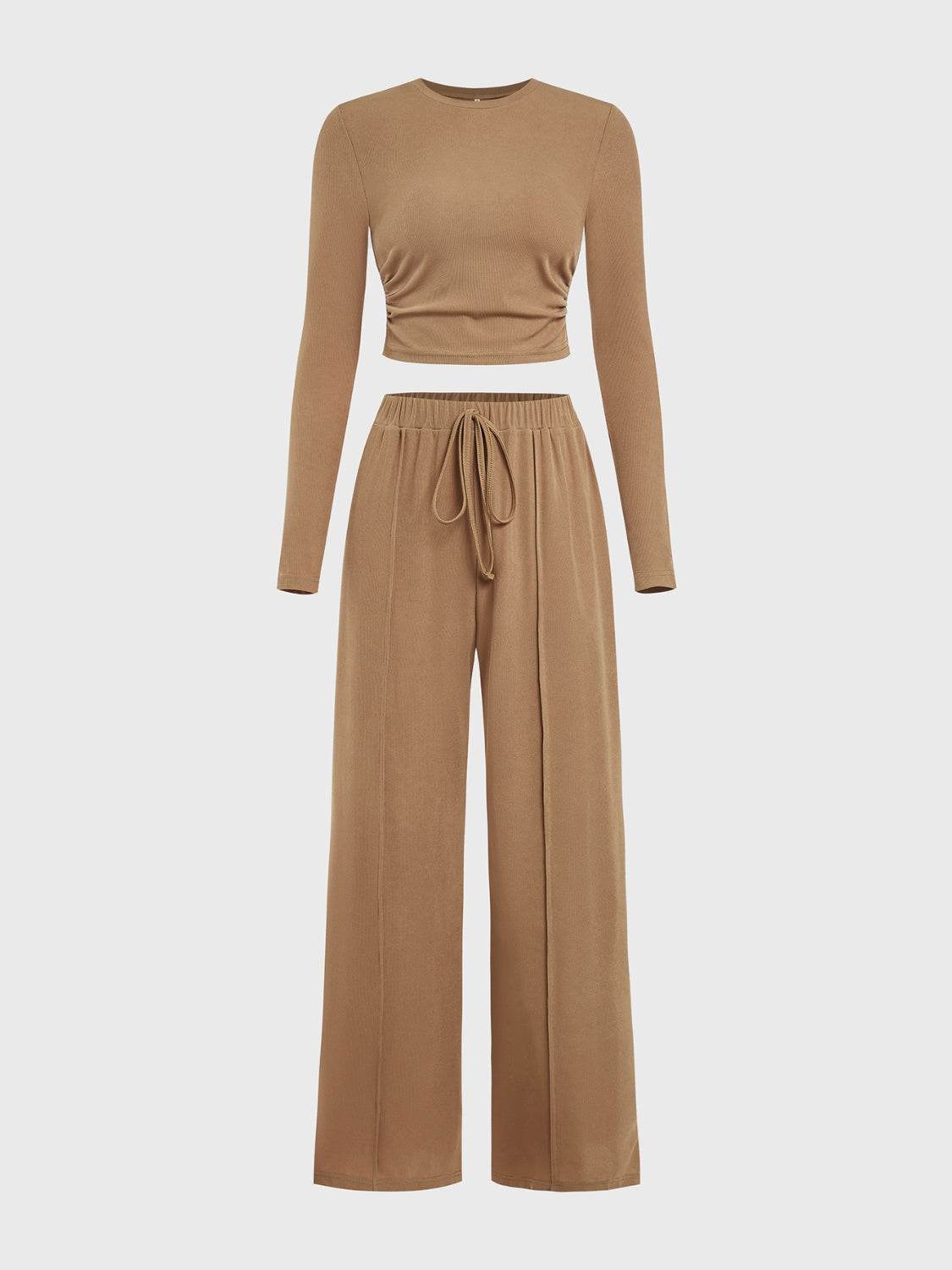 Round Neck Long Sleeve Top and Tied Pants Set - Delanoir