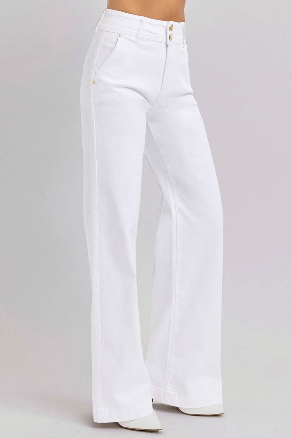 RISEN Full Size Tummy Control Double Button Wide Leg Jeans - Delanoir