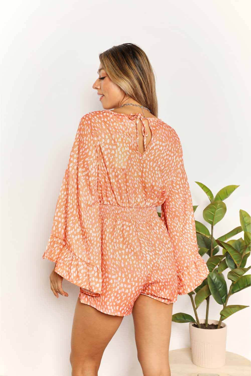 Double Take Printed Flare Sleeve Surplice Romper - Delanoir