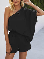 Single Shoulder Batwing Sleeve Romper - Delanoir